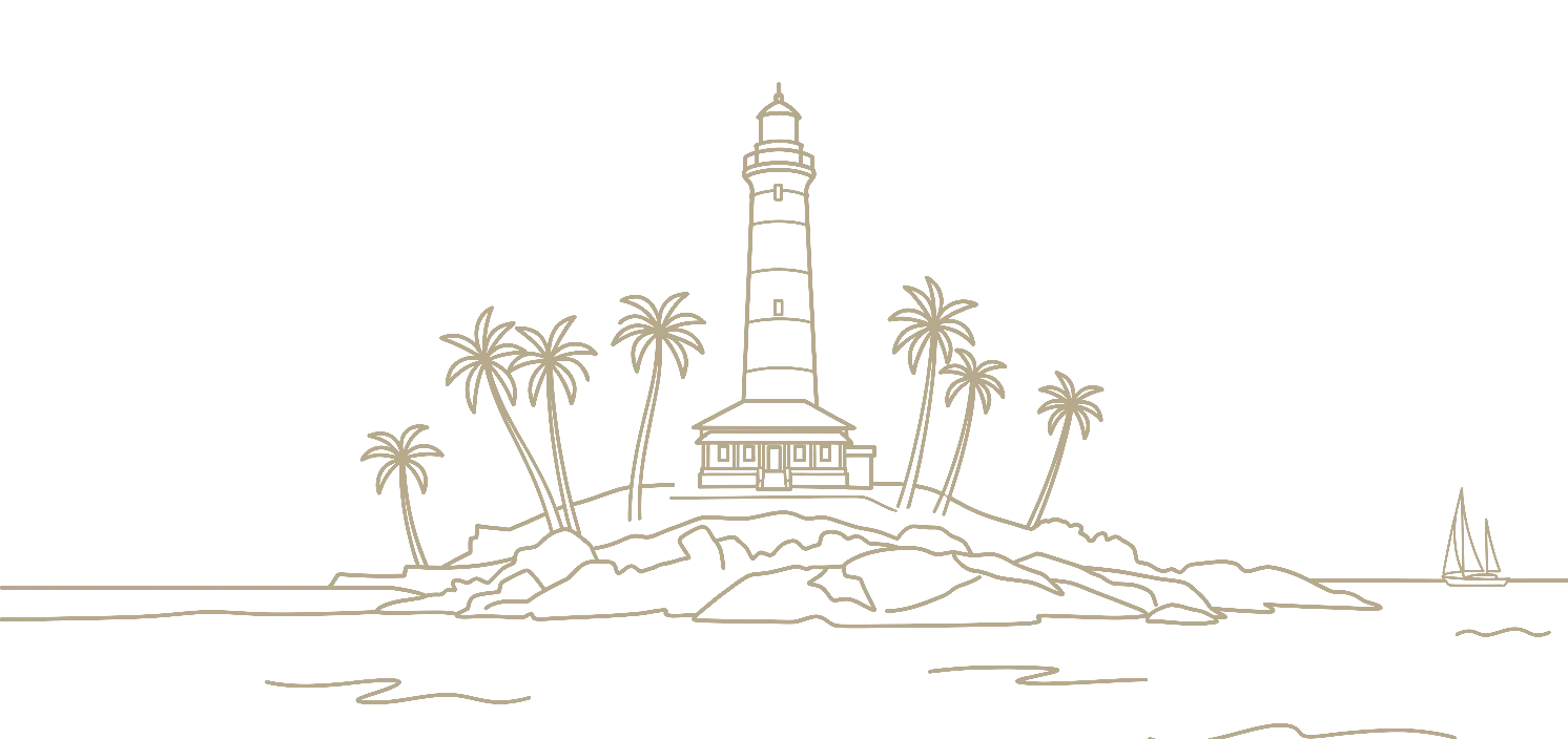 Lighthouse on a rocky island with palm trees