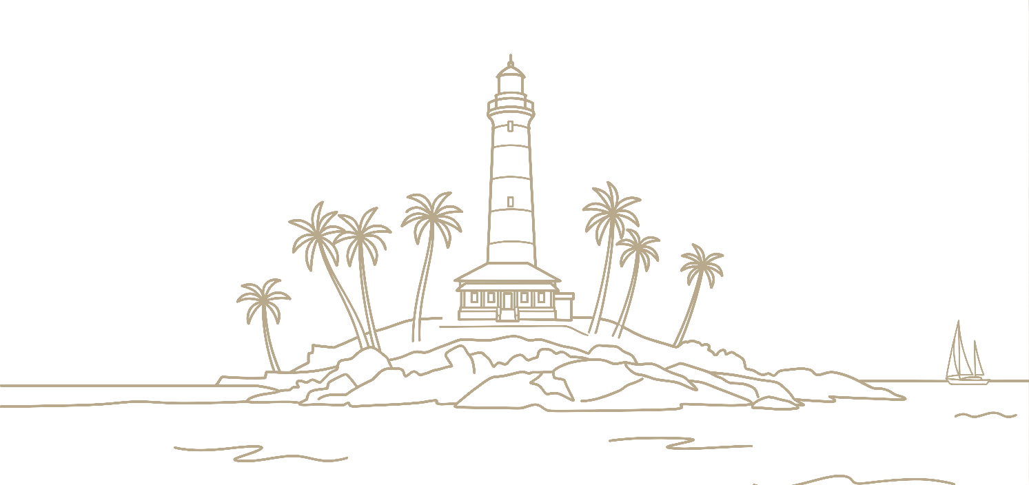 Lighthouse on a rocky island with palm trees